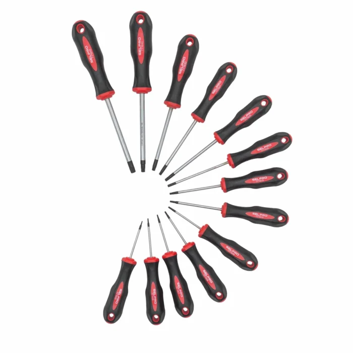 SELPRO 13-piece Torx screwdriver set arranged in fan layout, black and red handles, chrome shafts